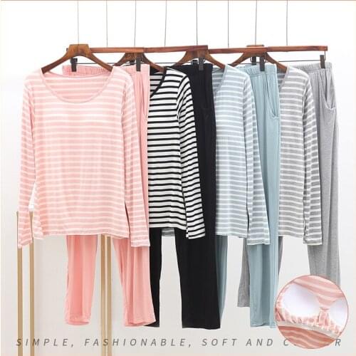 Cup home service suit modal fabric cotton silk striped pajamas women casual fashion round neck home service