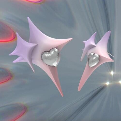 1Pair Y2K Style Trendy Pink Purple Cross Star Silver Heart Shape Earrings For Women Girls Ear Stud Jewelry Accessories