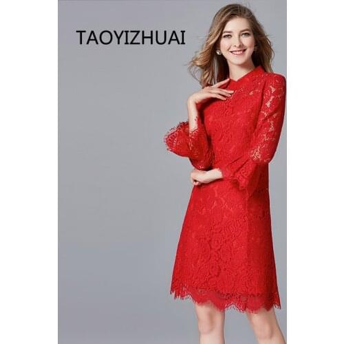 TAOYIZHUAI 2019 New Arrival Spring Chinese Style Stand Hollow Out Empire Plus Size XL Red Flare Sleeve A-line Women Dress 14144