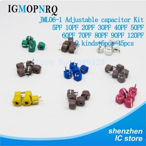 45pcs=9value*5pcs trimmer Adjustable capacitor Assortment Kit JML06 5pf 10pf 20pf 30pf 40pf 50pf 60pf 70pf 120pf Each 5pcs