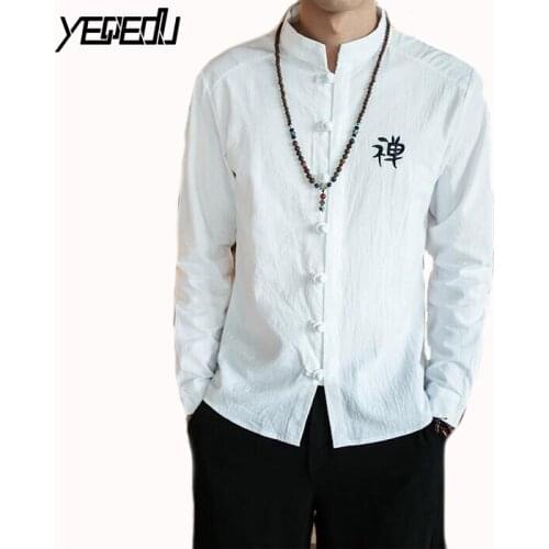 #4471 Spring White/Black Long Sleeve Men Shirts Mandarin Collar Fashion Vintage Embroidery Plus size 5XL Cotton Linen Shirts Men