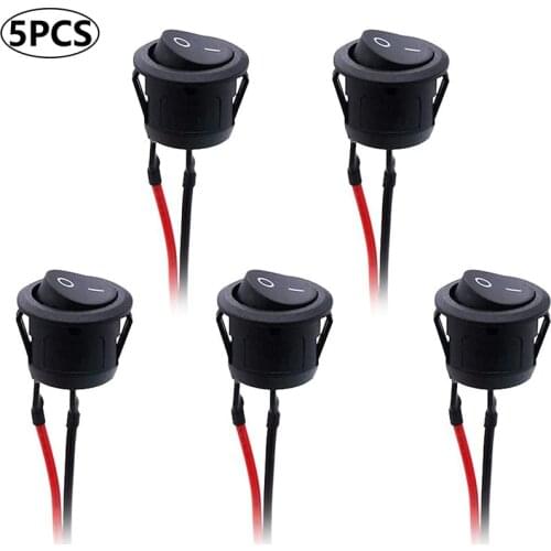 5Pcs AC 6A/250V 10A/125V SPST 2 Pins 2 Position On/Off Car Boat Round Black Rocker Switch Toggle with Pre-soldered Wires