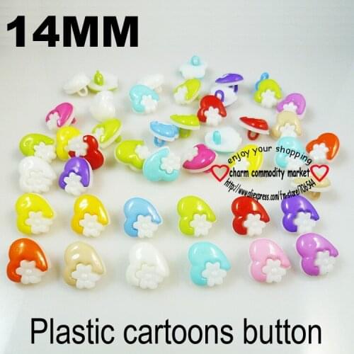 50PCS 14MM Heart Shape Colors Dyed Plastic Cartoons Buttons Coat Boots Sewing Clothes Accessories P-034