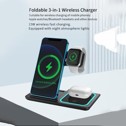 FLOVEME Foldable 3-in-1 Wireless Charger For iPhone 12 X Apple Watches 15W Wireless Fast Charging for Bluetooth Headsets Charger
