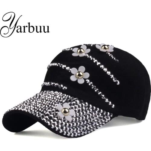 [YARBUU] Baseball caps with flowers 2017 New style women Adjustable sun hat rhinestone denim hat and cotton snapback cap