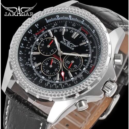 Jaragar Mens Watches Mechanical Watch Black Calendar Clock Leather Luminous Hands Clock Male Military Sport Clock Relojes