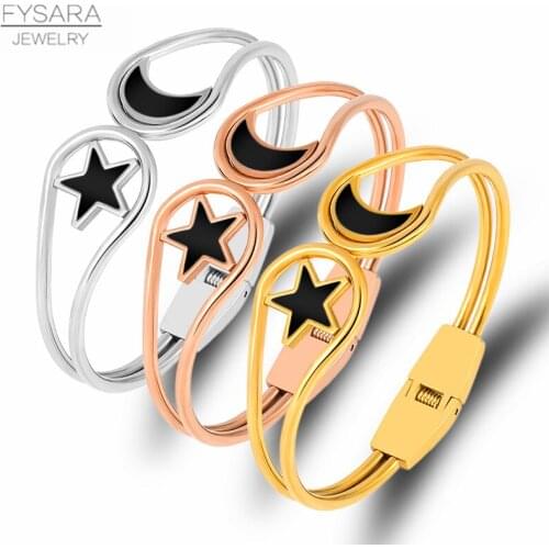 FYSARA Stainless Steel Crystals Moon Star Bangles Bracelets for Women Fashion Rose Gold Color Open Cuff Bangles Classic Jewelry