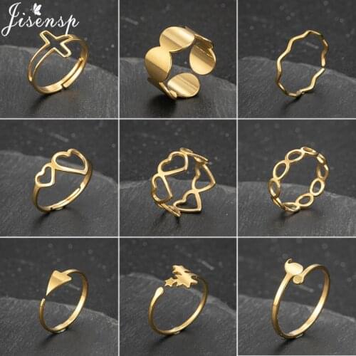 Jisensp Stainless Steel Geometric Open Rings Hollow Cross Round Wave Shape Finger Rings Punk Jewelry for Women Girls Love Gift