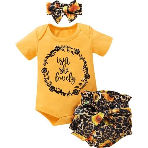3pcs Infant Baby Girls Boys Clothes Sets Sunflowers Leopard Print Short Sleeve Romper Tops+Shorts+Headband