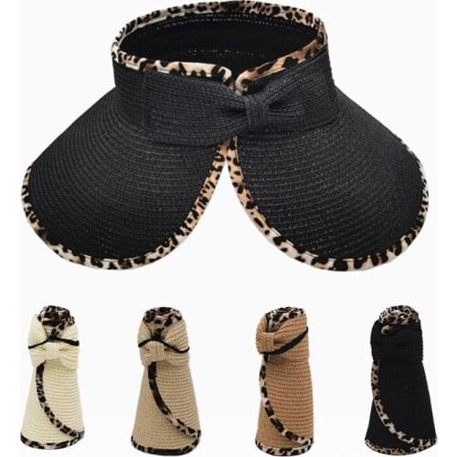 Leopard Collapsible Bow Women Summer Shading Empty Top Hat Fashion New Sun Protection Adjustable Straw Hat Beach Cap