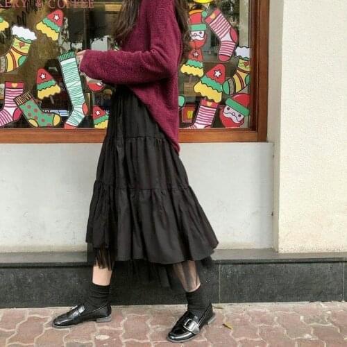 Summer New Korea Black White Long Skirt Streetwear Womens Elastic High Waist Mesh Tutu Pleated Skirts Female