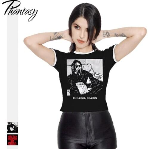 Phantasy Fashion Serial Killer Print Tops Summer O-Neck Short-Sleeved T-Shirt Slim Casual Street Wear Short Top Womens Clothing