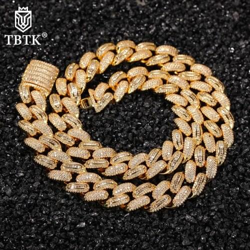 TBTK 15.5mm Luxury Copper Full Micro Paved Baguette CZ Chain Necklace Fashion Hiphop Miami Cuban Rapper Jewelry For Men