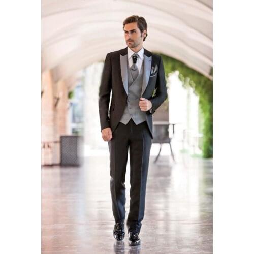 Mens one-click best man peak lapel groom tuxedo mens suit wedding/prom/dinner best man suit jacket (jacket + pants + vest)