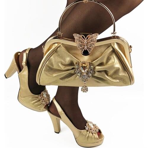 Doershow Italian Shoe and Bag Set New 2020 Women Shoes and Bag Set In Italy gold Color Italian Shoes with Matching Bags!!SDA1-5