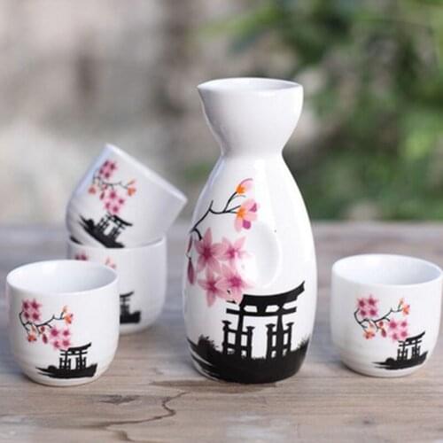 5pcs/set Ceramic Sake Pot Cups Set Flagon Liquor Cup Spirits Cups Set Japanese Bar Wine Set Flower Text Pattern Creative Gifts