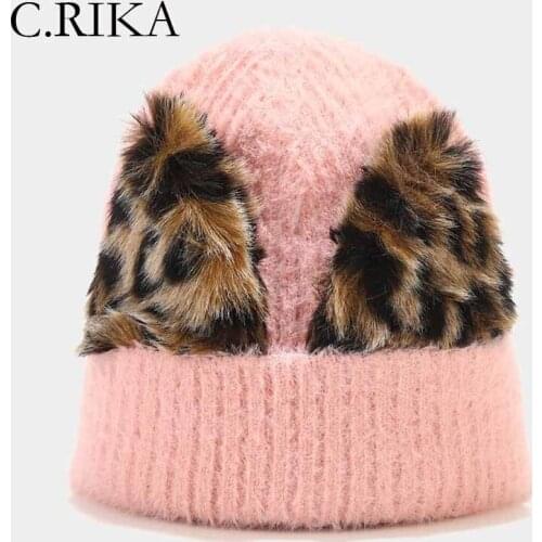 2021 New Leopard Cat Ear Knitted Hat Beanies Women Fashion Cute Woman Winter Hat Lady Outdoor Warm Soft Ski Bonnet Skullies