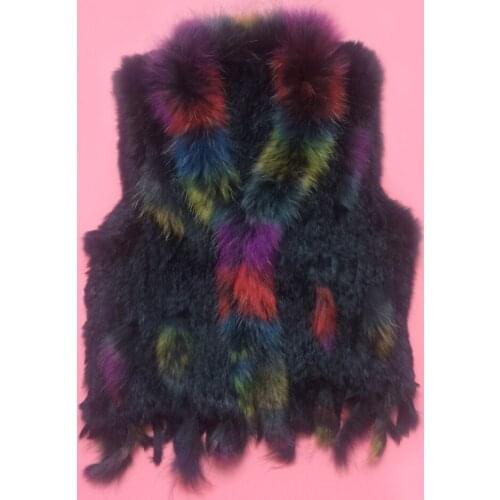 Ifur New fashion women real rabbit fur vest with colorful raccoon fur collar tassel knitted winter lady casual fur gilet brand