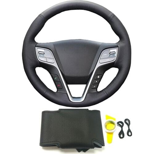 DIY hand-sewing braided black genuine leather steering wheel cover accessories for Hyundai IX45 Santa Fe 2013 2014 2015 2016