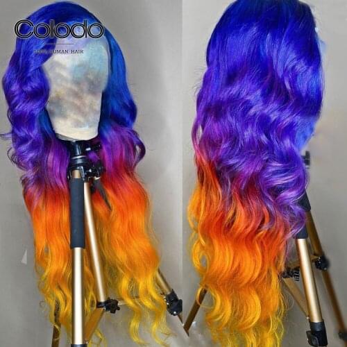Ombre Human Hair Wig Blue Purple Lace Front Human Hair Wigs with Baby Hair Pre Plucked 13x4 Pink Wig for Women COLODO
