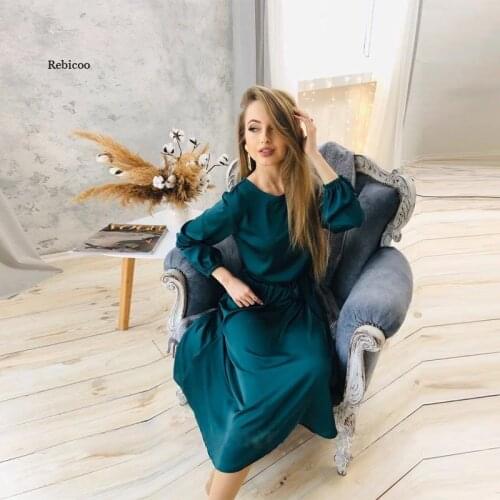 Women Dress Solid Satin Casual Loose Dress O Neck Lantern Sleeve Sashes High Waist Elegant Dress Spring New Women Party Dress
