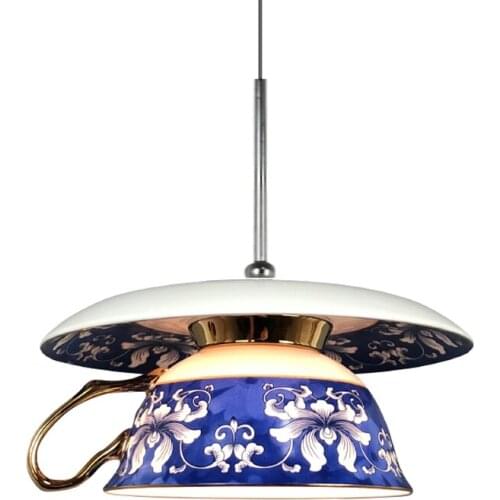 Chinese Style Blue Flower Cup Pendant Lights Dining Room Hanging Lamp Kitchen Indoor Lighting Fixtures Home Decor Loft Luminaire