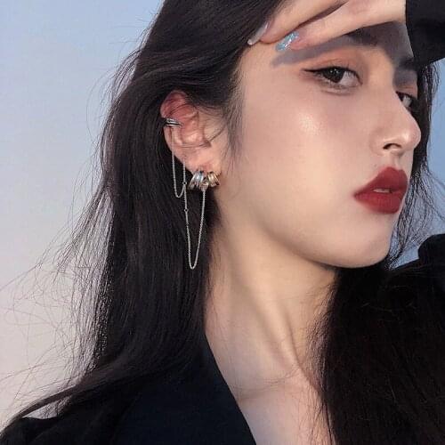 VSnow Korean Fashion C Shape Metal Clip Earring for Women Unique Design Long Chain Tassel Asymmetry Earring Jewellery Pendientes