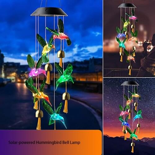LED Solar Wind Chime Night Light Hummingbird Butterfly Dragonfly Color Changing Outdoor Waterproof Hanging Lamp for Garden Decor