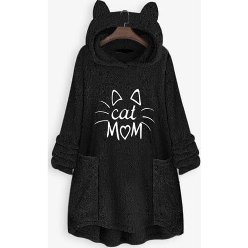Sweatshirt Woman Fleece Hoodies Embroidery Cat Ear Hooded Plus Size Hoodie Pocket Top Sweatshirt Winter Hoodies