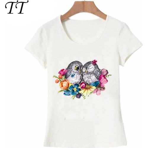 2021 Summer Womens short sleeve Watercolor Floral Owls in Love print T-Shirt soft fabric casual Tees high quality girl Tops