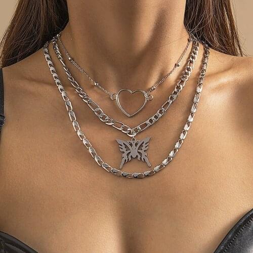 Punk Gothic Thick Chain Hollow Heart Butterfly Pendant Necklaces Women Multilayer Geometric Chains Necklace Colar Jewelry Gift