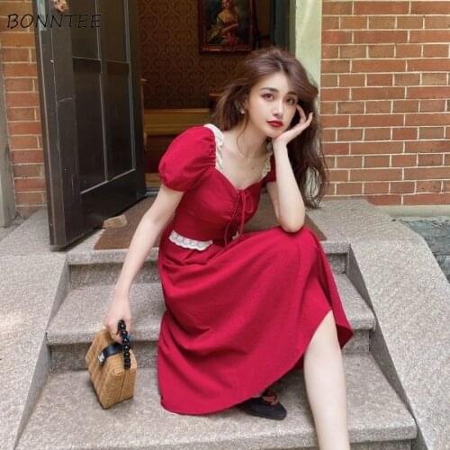 Dresses Women All-match Summer Bows Puff Sleeve Simple Retro Student Fashion Colorful Ladies Casual Streetwear French Style 2021