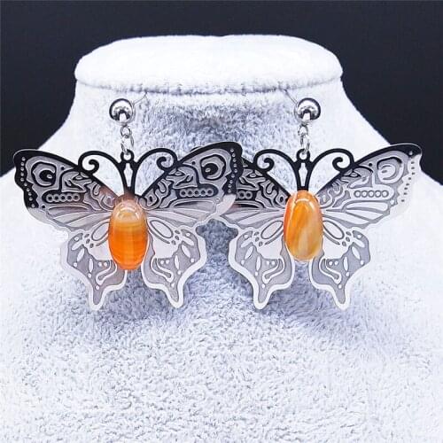 Boho Butterfly Stone Stainless Steel Big Earrings Women Silver Color Stud Earring Jewelry boucle doreille femme E8016S04