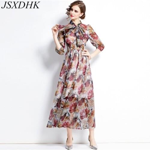 New Summer Fashion Runway Dress High Quality Women Bow Collar Flower Printed Chiffon Female Elastic Waist Holiday Long Vestidos