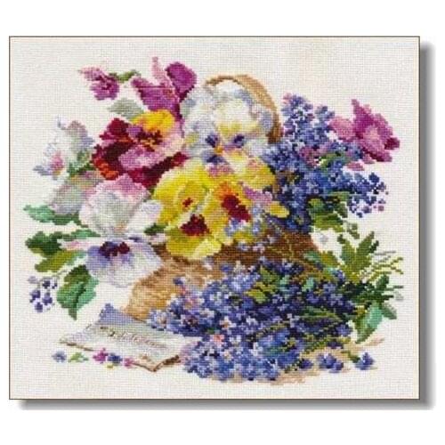 Gold Collection Counted Cross Stitch Kit Orchid and Delphinium Anemone Blue Flower Basket Bouquet alisa