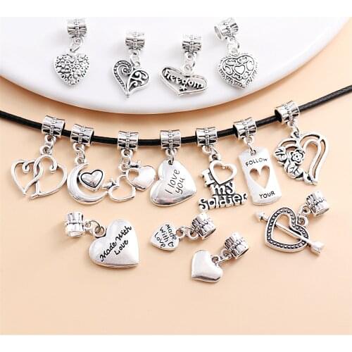 Mix 30pcs Vintage Heart Charm big hole beads fit for pandora style bracelet DIY pendant jewelry making