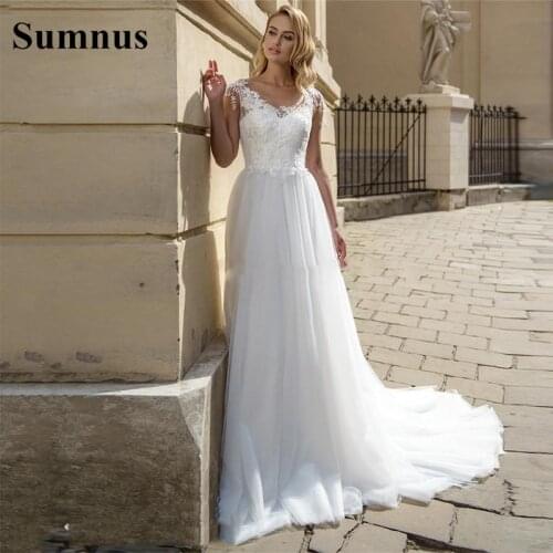 Sumnus White Wedding Dresses Sexy Backless Scoop Lace Appliques A-Line Bridal Gowns Tulle Women Wedding Party Dress