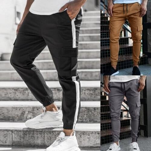 Mens Casual fashion pants Fitness Patchwork Bodybuilding Pocket Skin Full Length Sports Pants Summer Casual Trousers