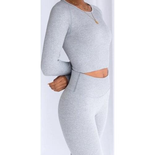 2 Piece Set Women Sport Yoga Suit Gym Workout Clothes Long Sleeve Fitness Crop Top High Waist Energy Seamless Leggings