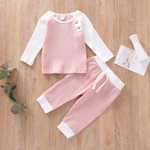 Baby Girl Clothes Set Sports Long Sleeve Spring Outfit Button Patchwork Top + Pants Baby Twins Pajamas