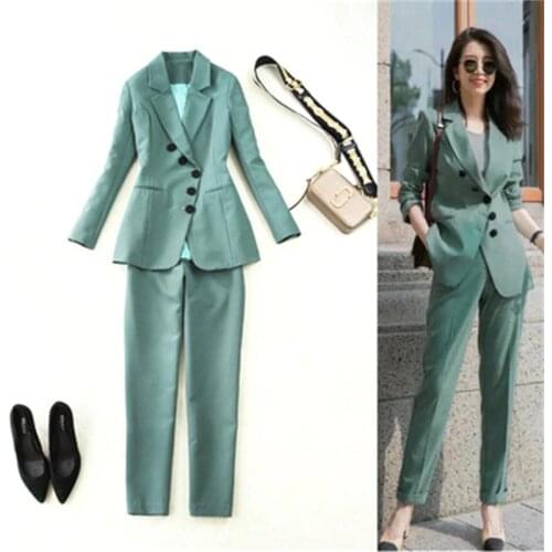 Fashion Suits women Spring summer New high quality OL Slim mid-length gray green suit + small feet trousers professional suit