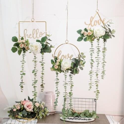 Nordic Metal Iron Ring Wall Hanging Floral Wreath Artificial Rose Flowers Hoop Garland For Wedding Backdrop Hanging Decoration