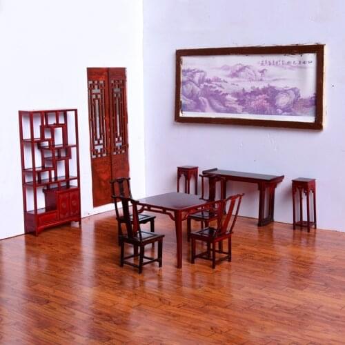 1:25 Retro Dollhouse mini Furniture Miniature Doll House accessories Chinese Style Plastic Model Bed Table Chair Cabinet Shelf