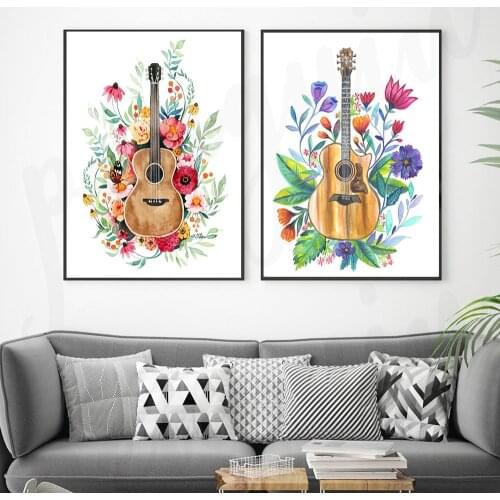 Guitar Music with Flower Wall Art Canvas Painting Nordic Style Posters and Prints Wall Pictures for Living Room Decor