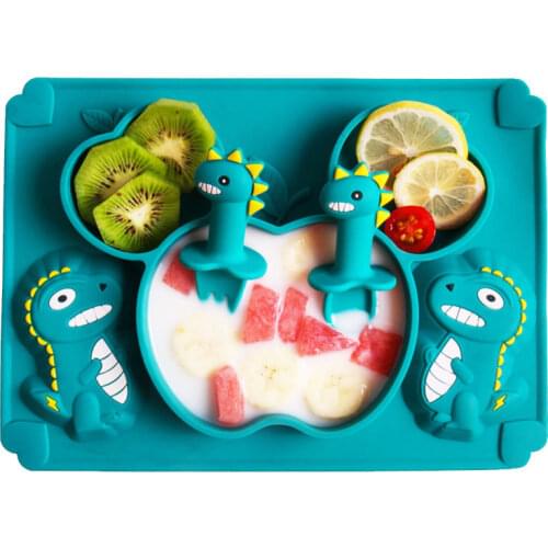 2021 New Childrens Silicone Dinner Plate 0-12 Months Dinosaur Cartoon Feeding Set Baby Tableware Bowl Spoon Combo 3pcs/set