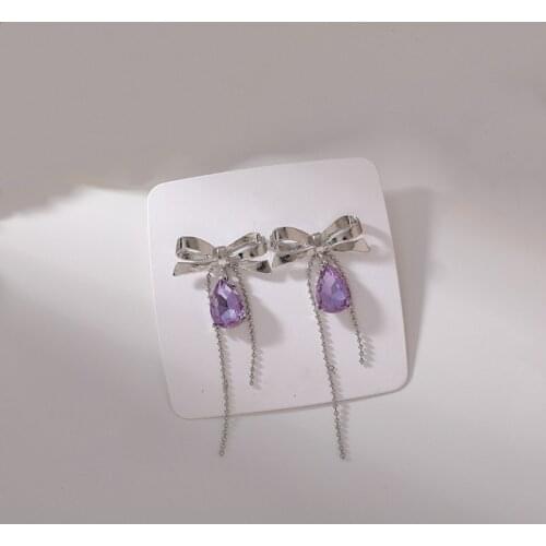 2021 New Long Tassels Shiny Crystal Senior Women Drop Earrings Contracted Sweet Lovely Metal Bowknot Fine Earrings Jewelry