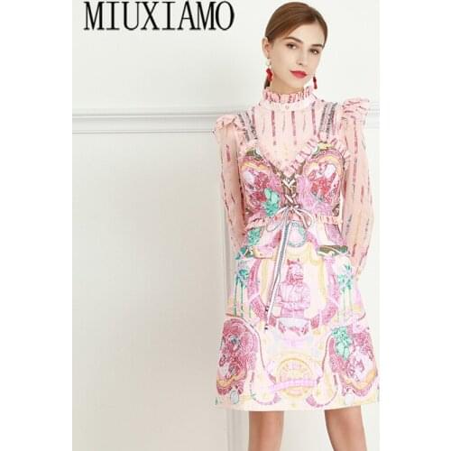 MIUXIMAO 2021 Spring Summer Dress New Cute Flower Print Elegant Long Sleeve Knee-Length Ruffles Pink Slim Dress Women Vestidos