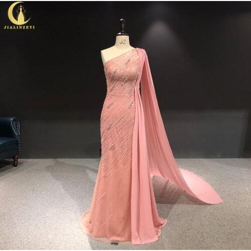 2021 Rhine real Pictures one shoulder pink mermaid beads luxurious sexy evening dress long formal dresses