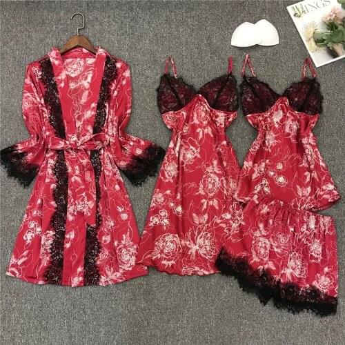 Casual Intimate Lingerie Satin Women Robe Set Kimono Gown Nighty&Robe Suit Sexy Nightdress Sleepwear Print Home Clothes