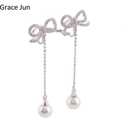 Grace Jun New Fashion Bowknot Copper Material AAA Cubic Zircon Long Pearl Clip on Earrings No Pierced for Girls Ear Clip